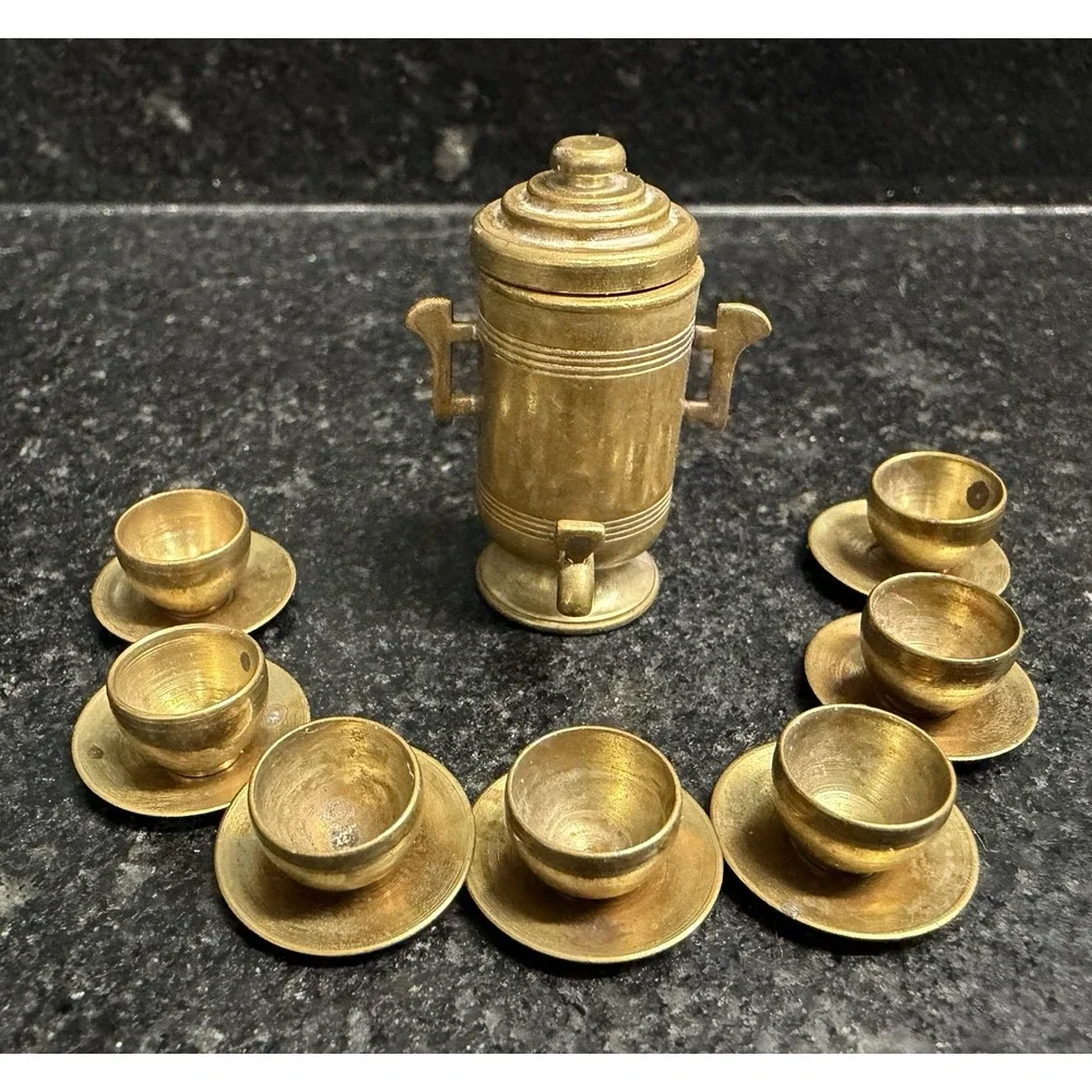 Vtg Clare-Bell Brass Works CB BW USA Miniature Brass Tea / Beverage Set – 15 Pc